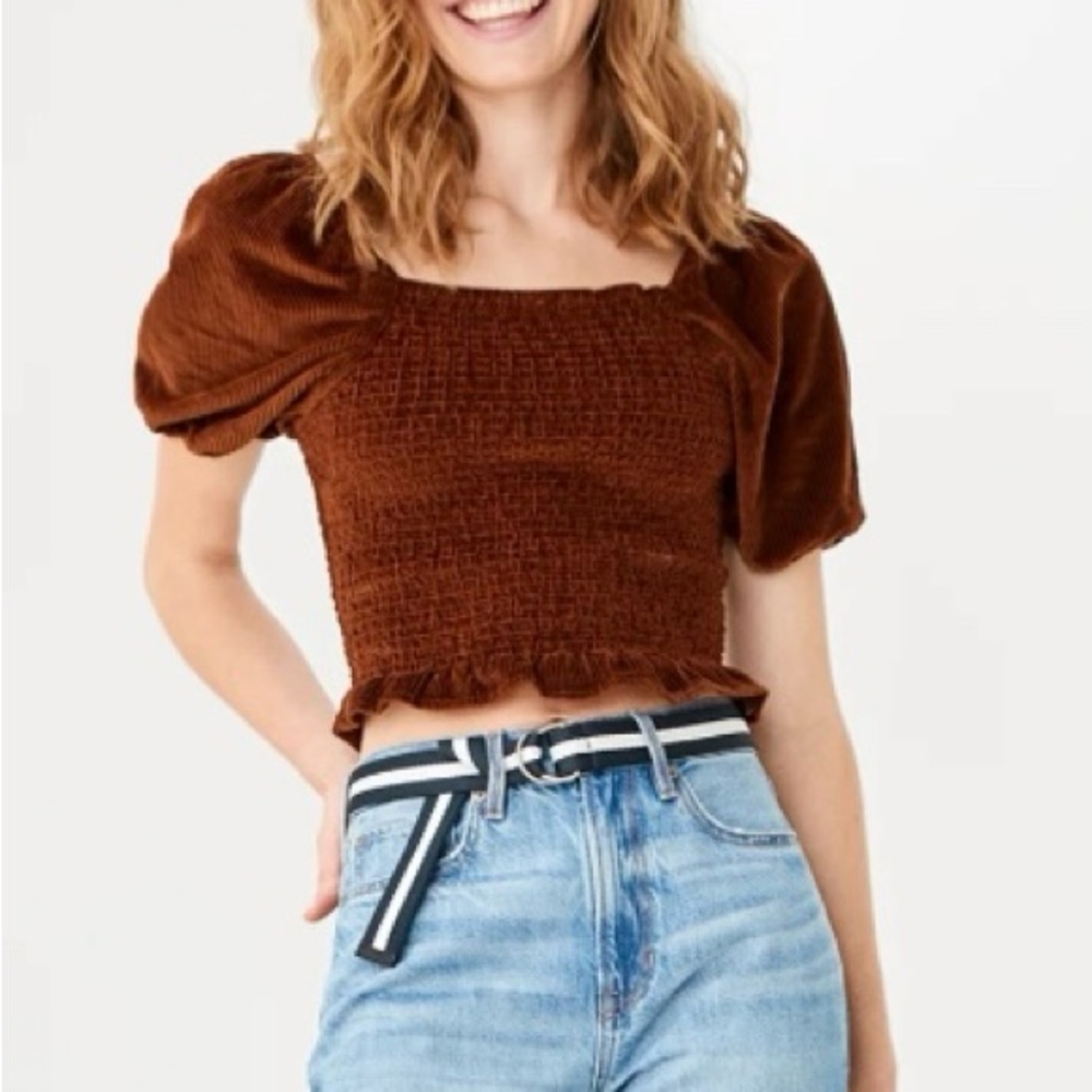 AE Smocked Corduroy Puff-Sleeve Blouse/Top